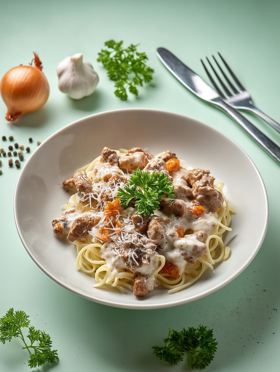 Бефстроганов из говядины с макаронами