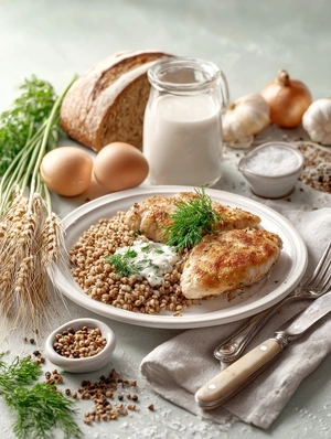 Куриные котлетки под сметанным соусом с гречкой