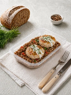 Куриные котлетки под сметанным соусом с гречкой