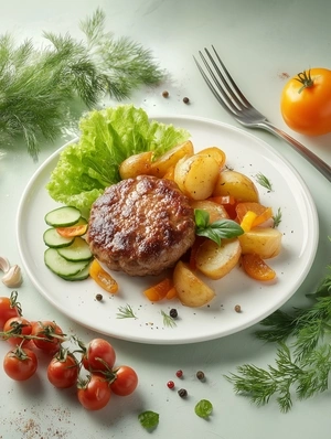 Рубленный бифштекс с картофелем по-деревенски готовое блюдо это норма