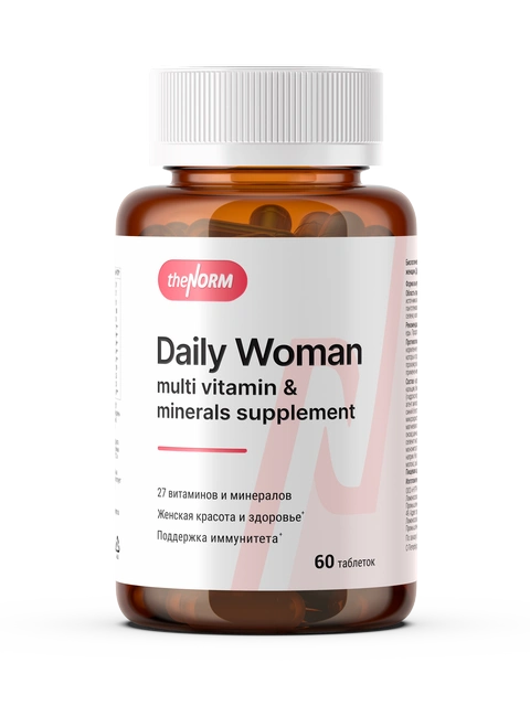 daily woman 27 витаминов и минералов, поддержания энергетического обмена. В состав комплекса входят витамины, минералы, аминокислоты, экстракты растений, которые благотворно воздействуют на женский организм, обладают антиоксидантной активностью