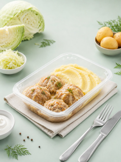 Ленивые голубцы с картофельным пюре, готовое блюдо из птицы