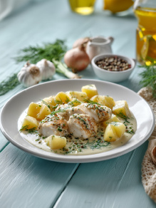 Ломтики филе минтая запечённые с картофелем и луком для правильного питания это норма