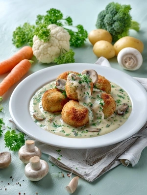 Крокеты овощные с грибным соусом и зеленью